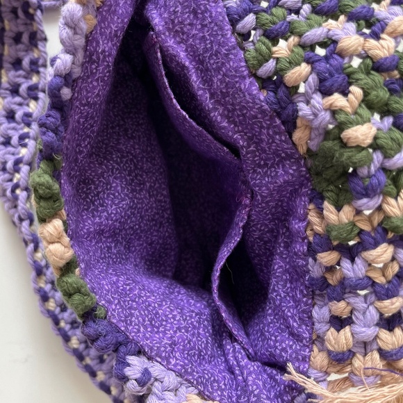 Handmade Boho Macrame Purple, Tan, and Forest Green Shoulder Bag - Picture 5 of 7